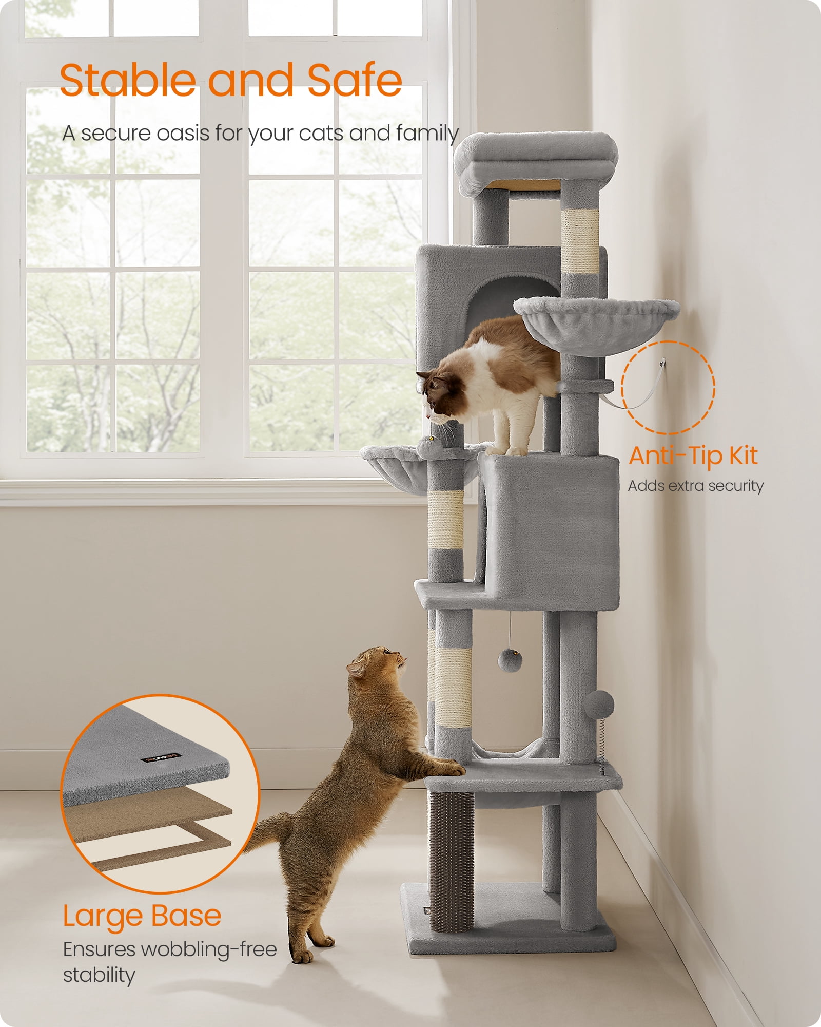 69 Inch Tall Cat Tree Tower for Indoor Cats, Multi-Level Cat Condo with 2 Caves, 2 Baskets, 5 Scratching Posts, Self-Groomer, Perch, and Hammock, Dove Gray