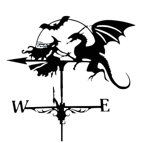 Unique Witch & Flying Dragon Shape Metal Bracket Weather Vane - Ideal for Farmhouse & Outdoor Roof Mount - Wind Direction Indicator Kit