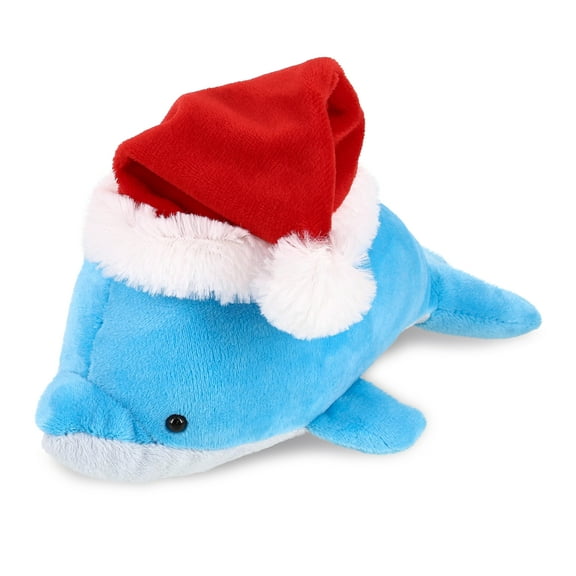 DolliBu Santa Blue Dolphin Stuffed Animal Plush Toy - Super Soft Ocean Life Animal Dress Up with Red Santa Claus Hat, Cute Ocean Life Gift, Perfect Holiday Gift - 6 Inches