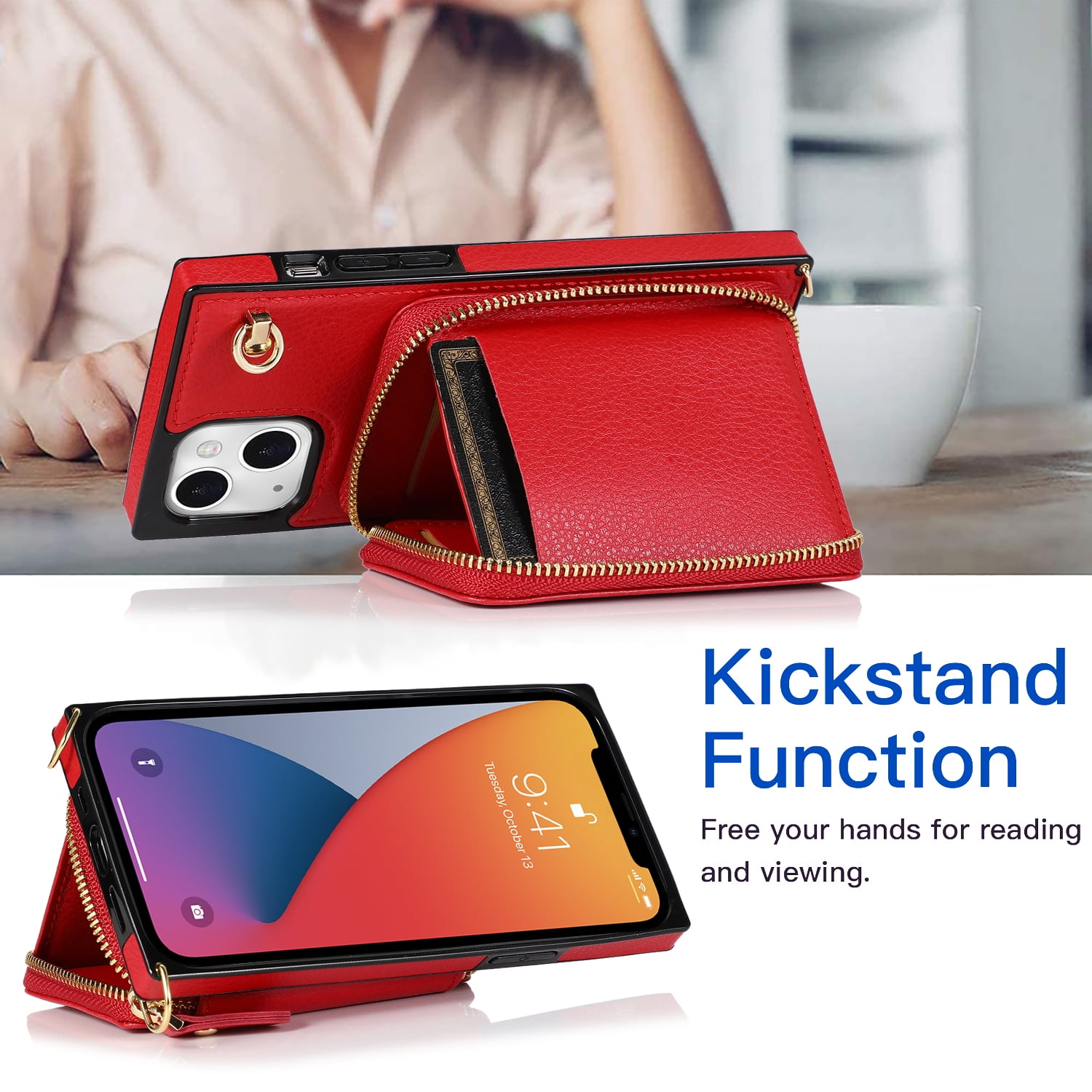 TECH CIRCLE For iPhone 12 Pro Wallet Case,Card Holder Phone Case for Women, Zipper PU Leather Purse Kickstand Folio Flip Case with Crossbody Strap for Apple iPhone 12 Pro 6.1" 2020,Red