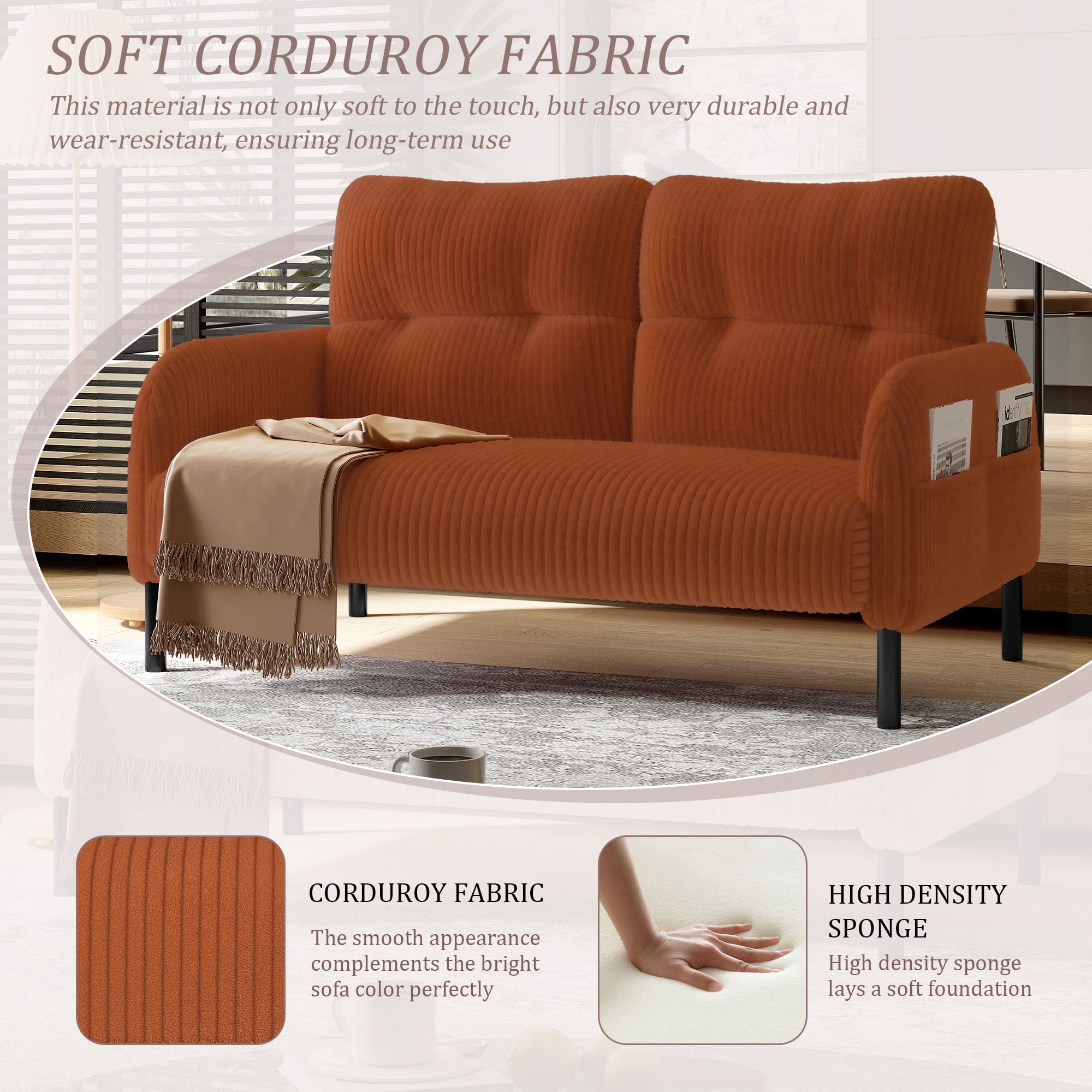47" Small Loveseat Sofa Couch for Small Spaces,Corduroy Upholstered 2-Seater Love Seats for Apartment, Bedroom,Office,Orange