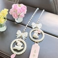 thumbnail image 4 of Hioecau Car Rearview Mirror Ornament Faux Pearl Bow Pom Pom Car Charm Safe Driving Accessory Gift for Drivers, 4 of 8