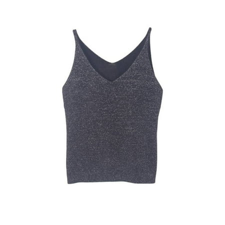 Stretch Knit Crop - Women's V Neck Stretch Sleeveless Slim Fit Knitted Camisole Crop Top Vest