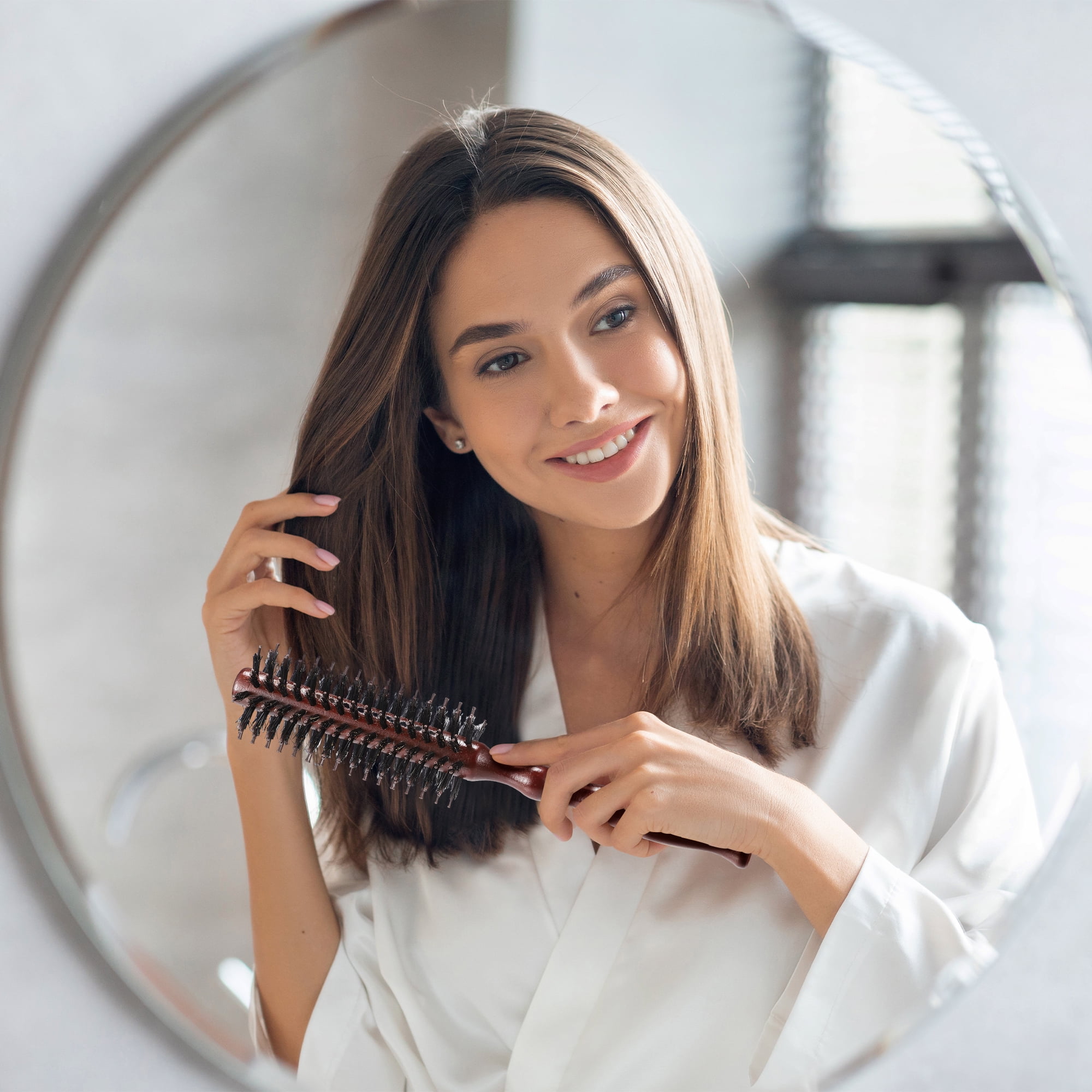 Unique Bargains Nylon Bristle Round Curling Hair Ruled Comb Wood Handle Brown L 14 Row
