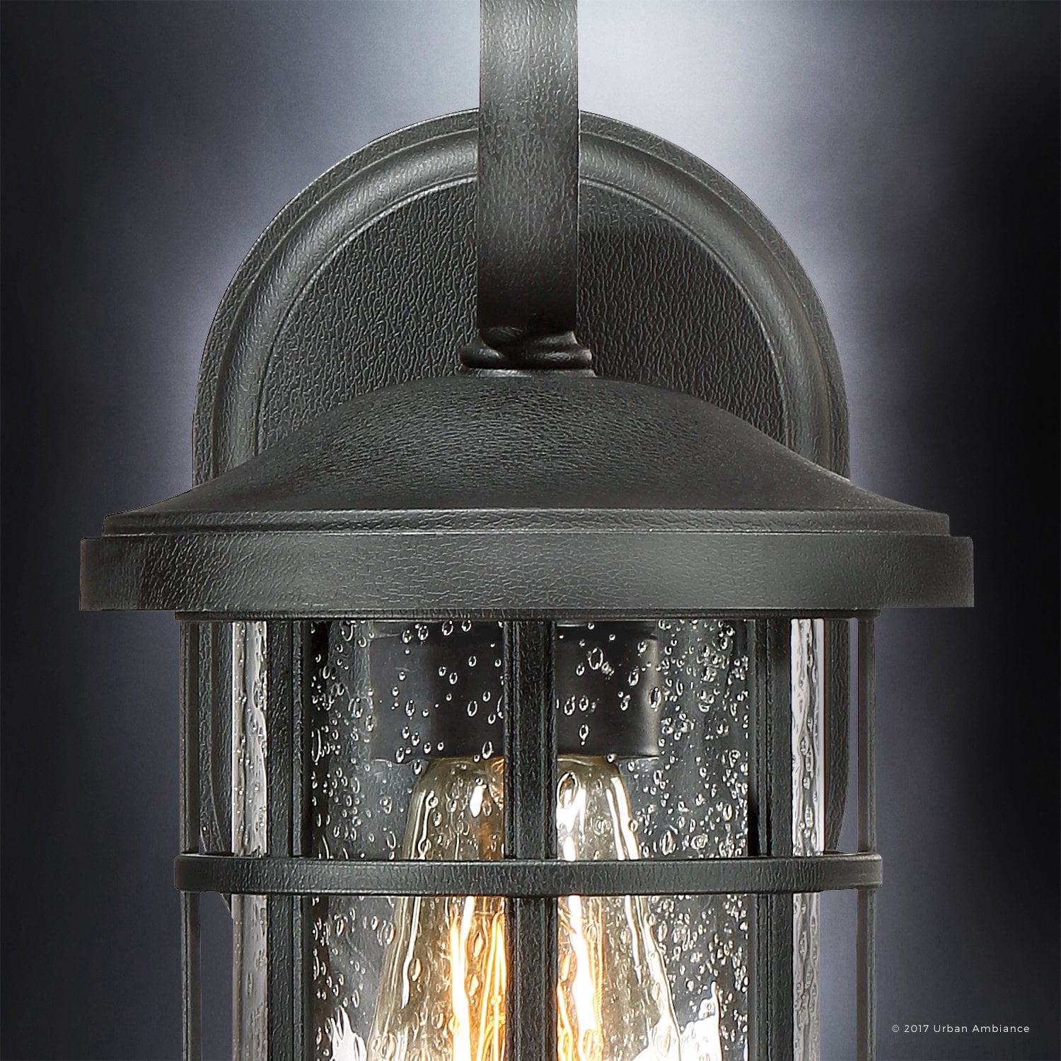 Urban Ambiance Luxury Craftsman Outdoor Wall Light, Small Size: 11"H x 6"W, with English Tudor Style Elements, Wrought Iron Design, Natural Black Finish and Seeded Glass, UQL1040