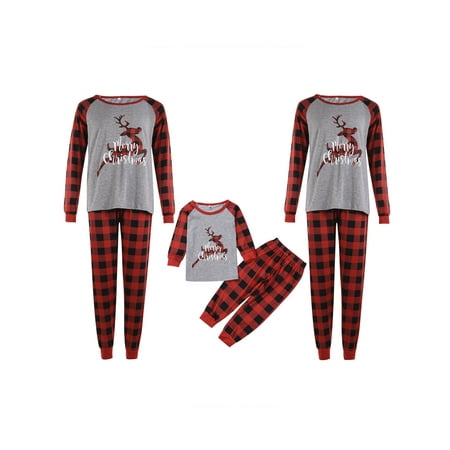 

Diconna 2PC Matching Family Christmas Pajamas Santa s Deer Print Raglan Long Sleeve Top + Plaid Pants Set Sleepwear