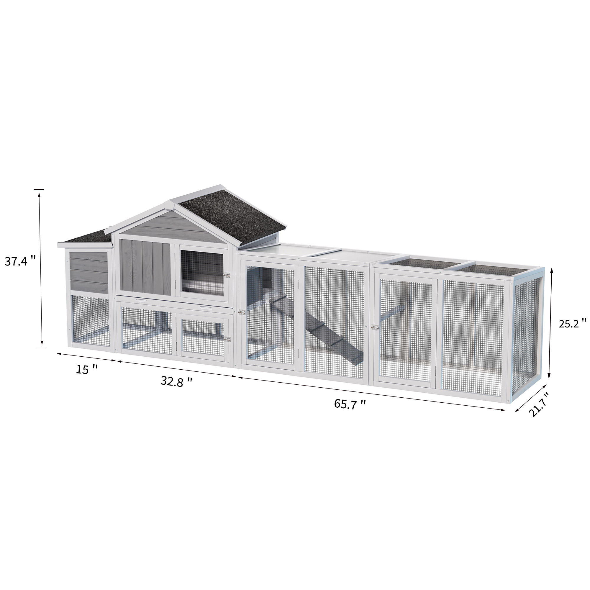 Chicken Coop, Outdoor Hen House, Large Wooden Chicken Run with Waterproof Asphalt Roof, UV-Resistant Panels, Nesting Box and Sliding Door, Removable Tray for Backyard Chickens, Gray 111.5 Inch