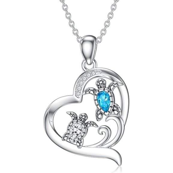 SOULMEET Sea Turtle Heart Necklace for Women 925 Sterling Silver Topaz/Turquoise/Jade/Larimar/Diamond Turtle Pendant Jewelry Birthday Gifts for Wife Mom