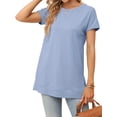 thumbnail image 2 of Women's Round Neck Solid Color T-Shirt Side Slit Casual Short-Sleeved Summer Sports Tunic Top, 2 of 6