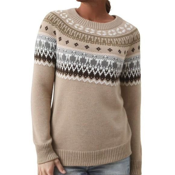 Fgnfyis Women's Fair Isle Knitted Sweater Long Sleeve Boat Neck Retro Lightweight Pullover Top Womens Sweaters for Fall and Winter Khaki M