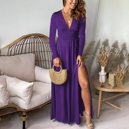 Fall Clothes For Women 2024 Women S Dress With Chest Thin Style Integrated Tank Skirt Corset Skirt V-Neck Long Sleeved Long Skirt Fold High Waisted Solid Color Party Evening Dress Purple L
