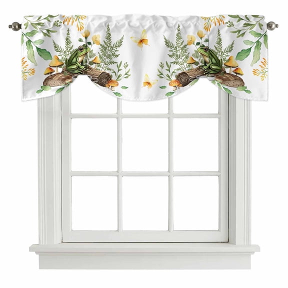Botanical Frog Tie Up Valance Curtains for Windows, Kitchen Curtains Window Treatments, Butterfly Mushroom Coffee Leaf Green Short Window Shades Valances for Bedroom Bathroom Cafe 54"x18"