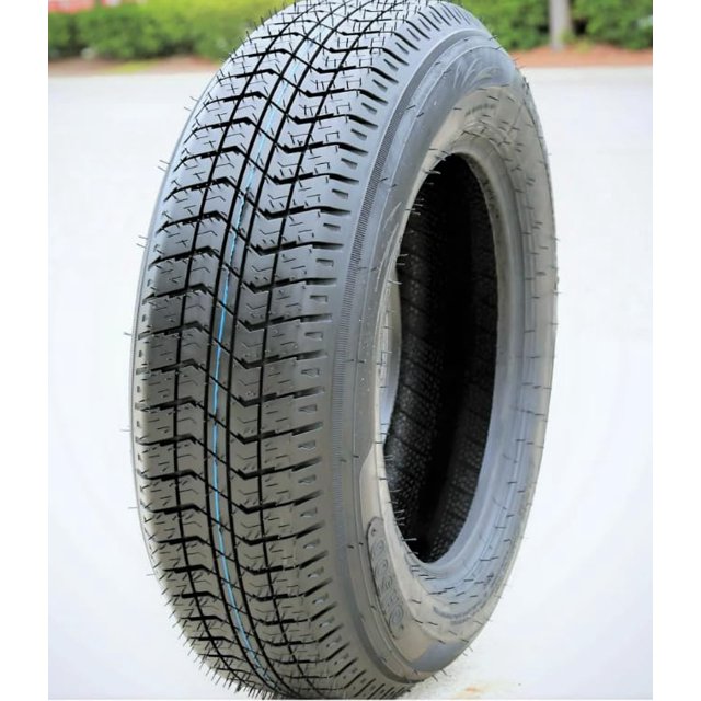 Upgrade Your Ride: TRAILER TIRE 6PLY SHIPS FAST FROM ONTARIO - Steel Belted for Ultimate Durability! A heavy-duty 6-ply steel-belted trailer tire engineered for durability, puncture resistance, and load stability. Perfect for car haulers, boat trailers, campers, and commercial equipment. The tire features a black tread with deep grooves and a blue stripe detail, displayed in a front-facing view.
