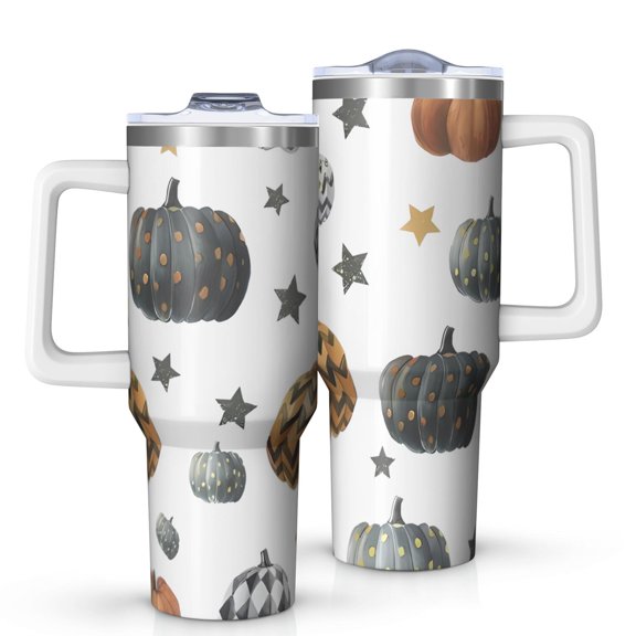 Gray and Orange Halloween Pumpkins Tumbler with Handle and Lid,40oz Double Wall Vacuum Insulated Tumbler,Cups Gift for Women and Men