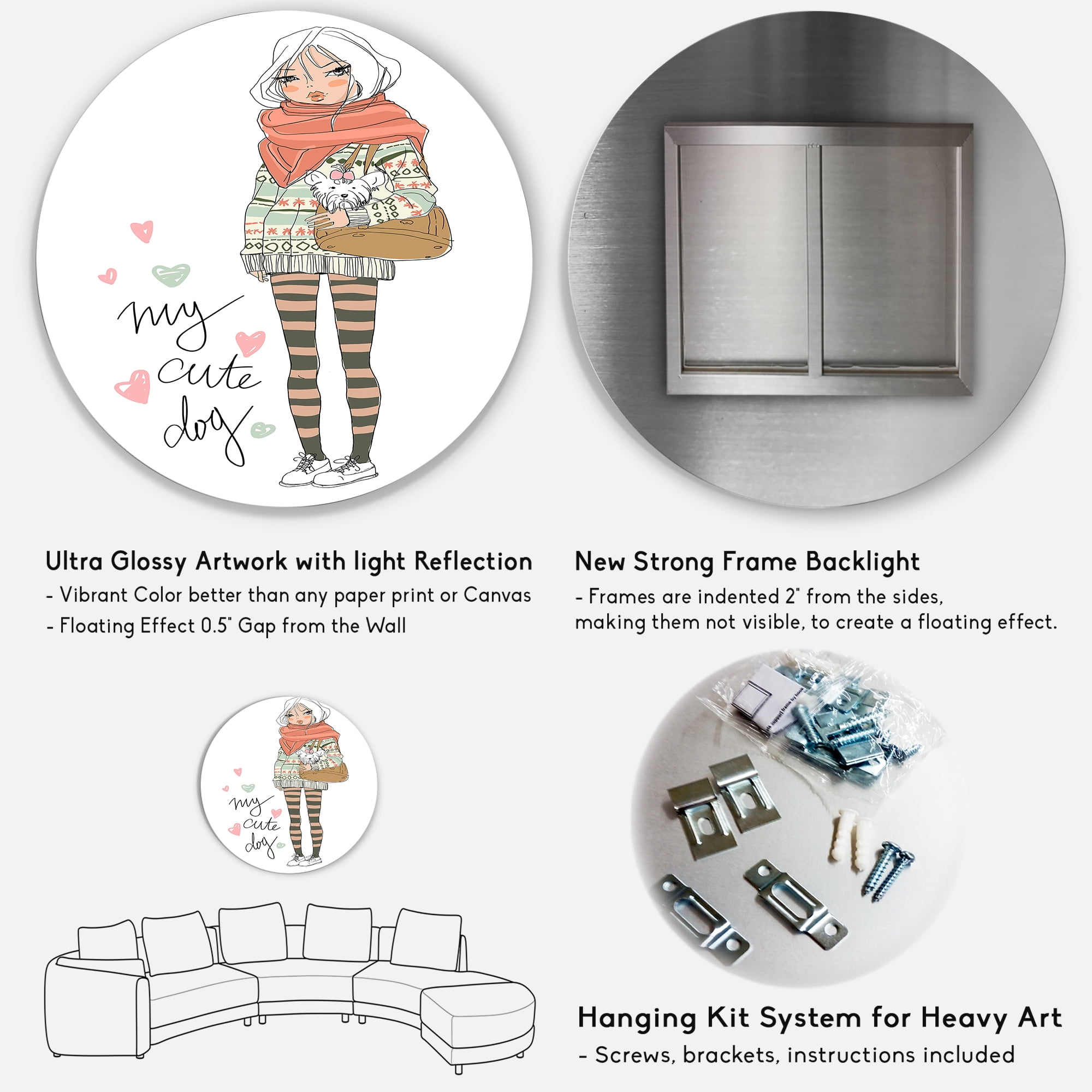 Designart 'My Cute Dog Cute Girl With Dog' Shabby Chic Circle Metal Wall Art 23x23 - Disc of 23