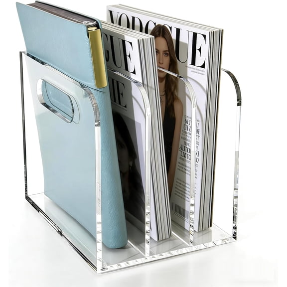 Acrylic Magazine File Holder, 3 Vertical Compartments Desk Document Sorter Organizer, Clear Folder Rack Binder for Office/Documents/Classroom, for Home, Tablet, Magazines, Books & Accessories