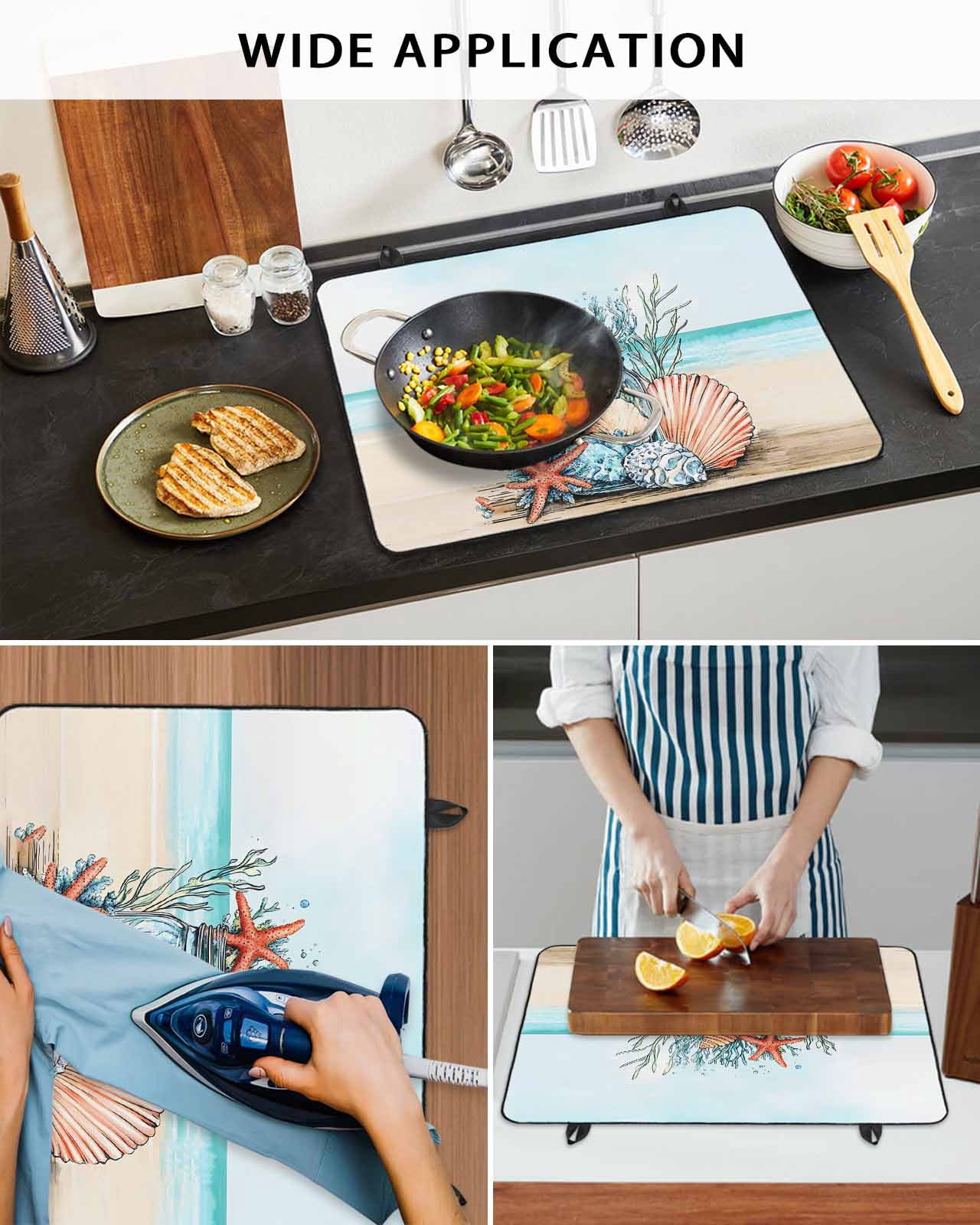 nqOlkjepod Large Induction Cooktop Protector Mat 36"x21", Coastal Beach Stove Top Covers for Electric Stove, Summer Ocean Starfish Coral Shells Stove Burner Cover Mats, Glass Top Stove Cover