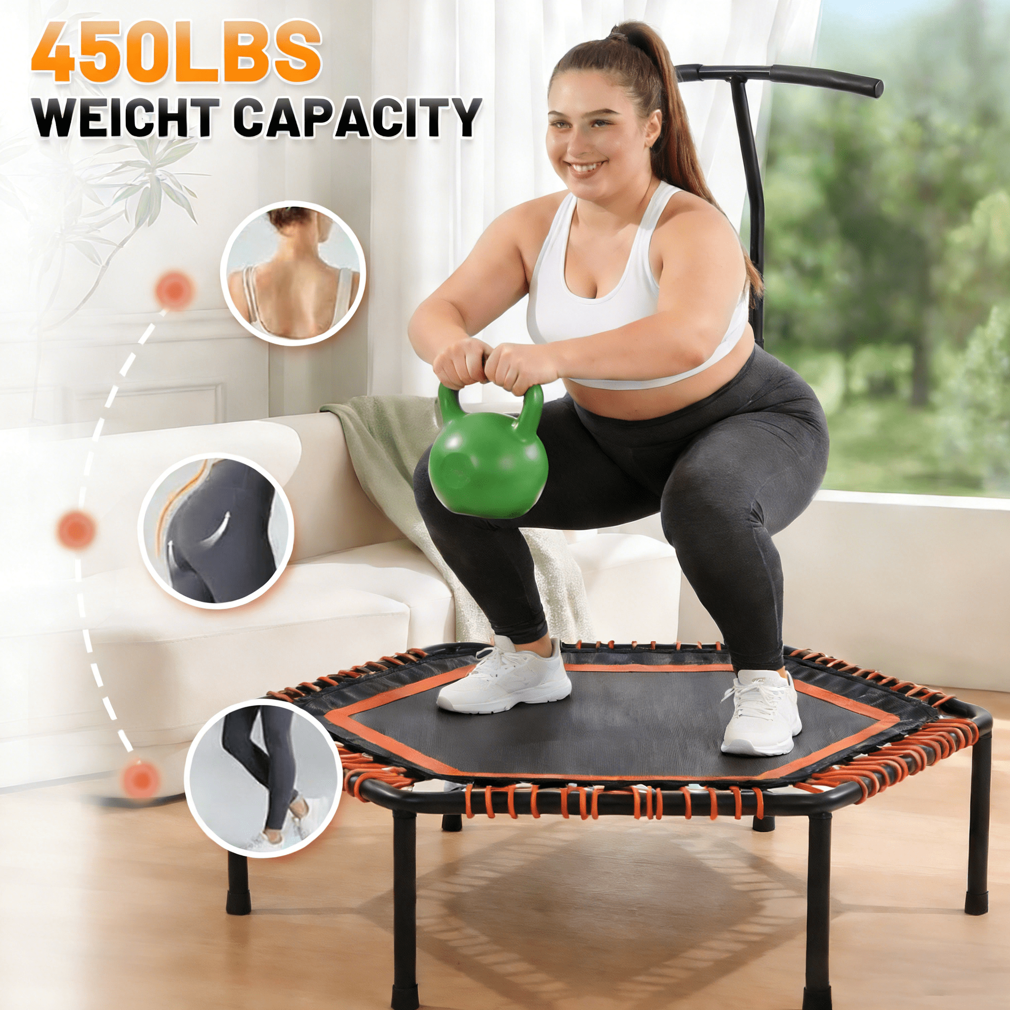 Mersco 48'' Mini Fitness Trampoline, 450LBS Quiet Exercise Rebounder for Home, Cardio and Strength Training, Indoor  Sports Trampoline with Adjustable Handle Bar, Whole-Body Workout ,Orange