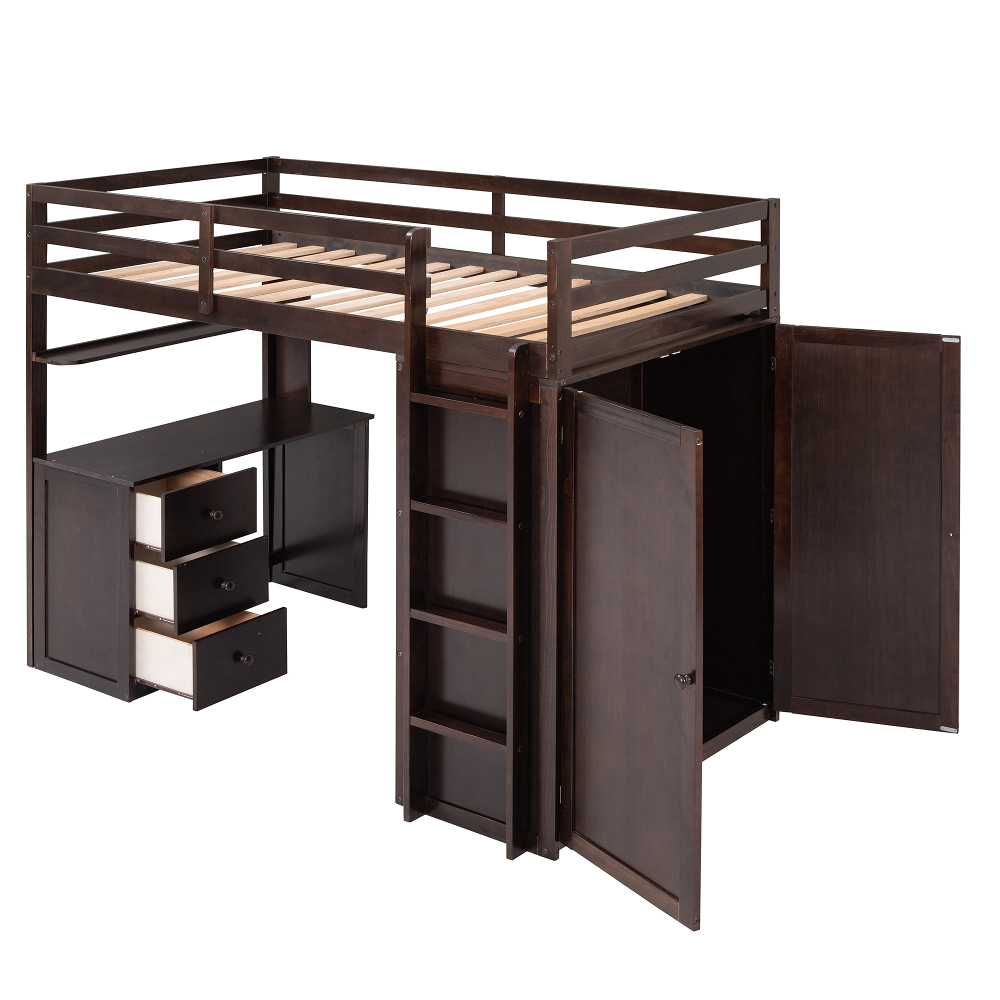 Aukfa Loft Bed with Wardrobe and Drawers Kids Solid Wood Twin Bed with Desk Espresso