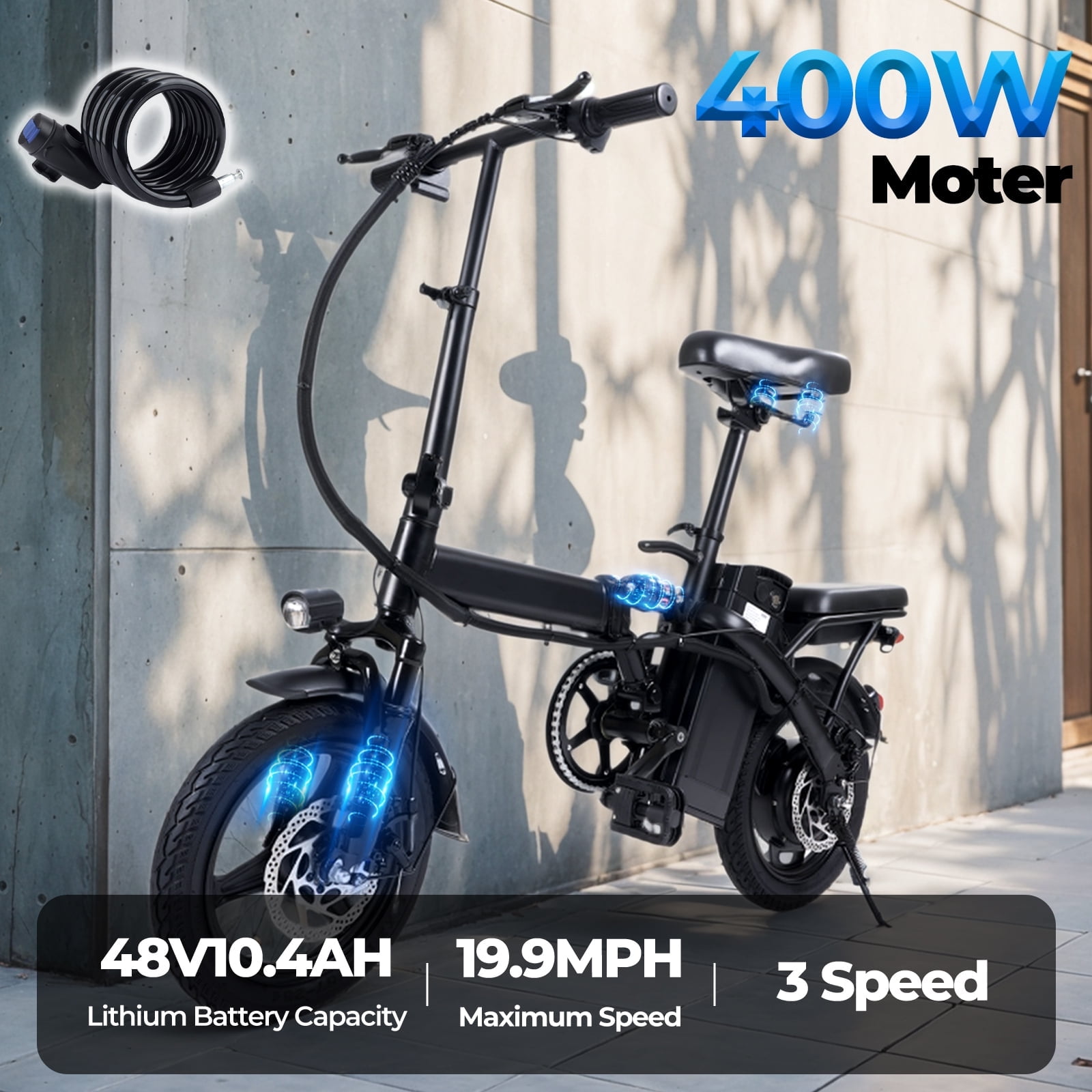 Kunyun 48V 400W Adult Electric Bikes,14" Tires, 20mph, 19-22mi Range E-bike, Dual Disc Brakes, Adjustable Seat Electric Bicycle , Removable Basket Folding Ebike