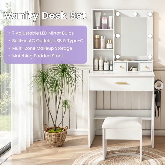 Imountek Classic Makeup Vanity Desk Set with LED Lighted Mirror, Padded Stool, Power Outlet, Hair Dryer Holder, Compact Dressing Table for Small Bedroom, White