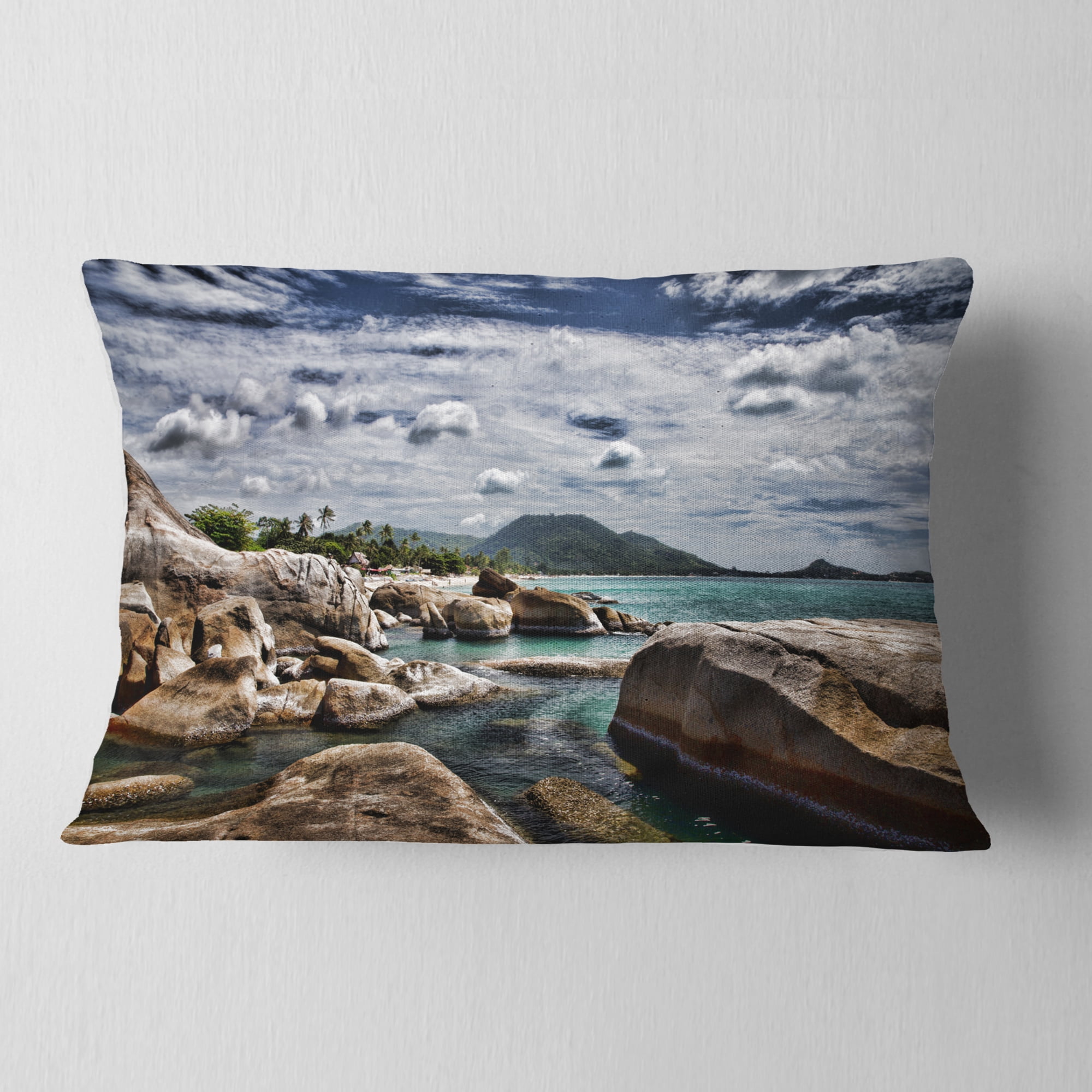 Designart Rocky Beach with Dramatic Sky - Seashore Throw Pillow - 12x20