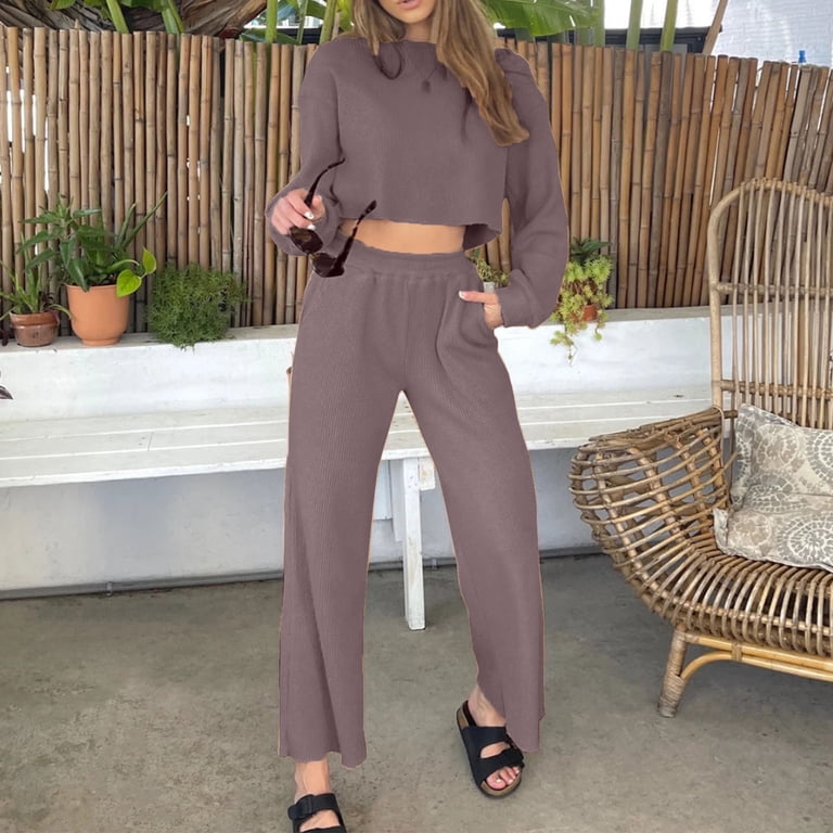 qolati Women's Two Piece Outfits Long Sleeve Waffle Pullovers Tops