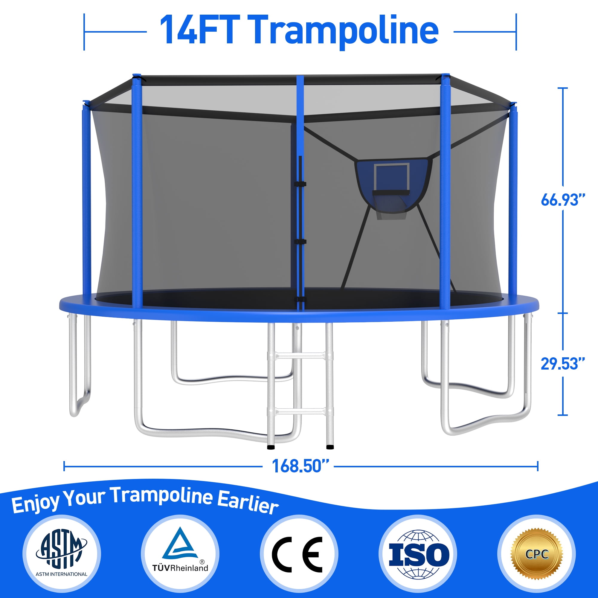 Kacho Trampoline 14FT 16FT 10FT 12FT, 1400LBS Trampoline with Enclosure Net, Basketball Hoop, Ball, Large Outdoor Trampoline for 1-2 Adults/ 4-5 Kids, No Gap Design Backyard Round Trampoline, Blue
