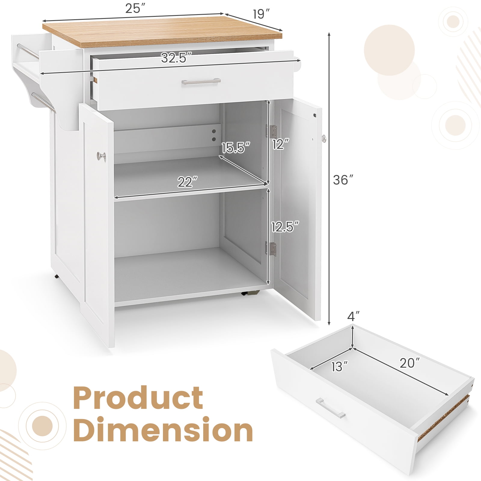 Giantex Kitchen Island w/Storage Cabinets, Trolley Cart w/Adjustable Height Shelves & Wheels, Spice Rack, Towel Rack, White