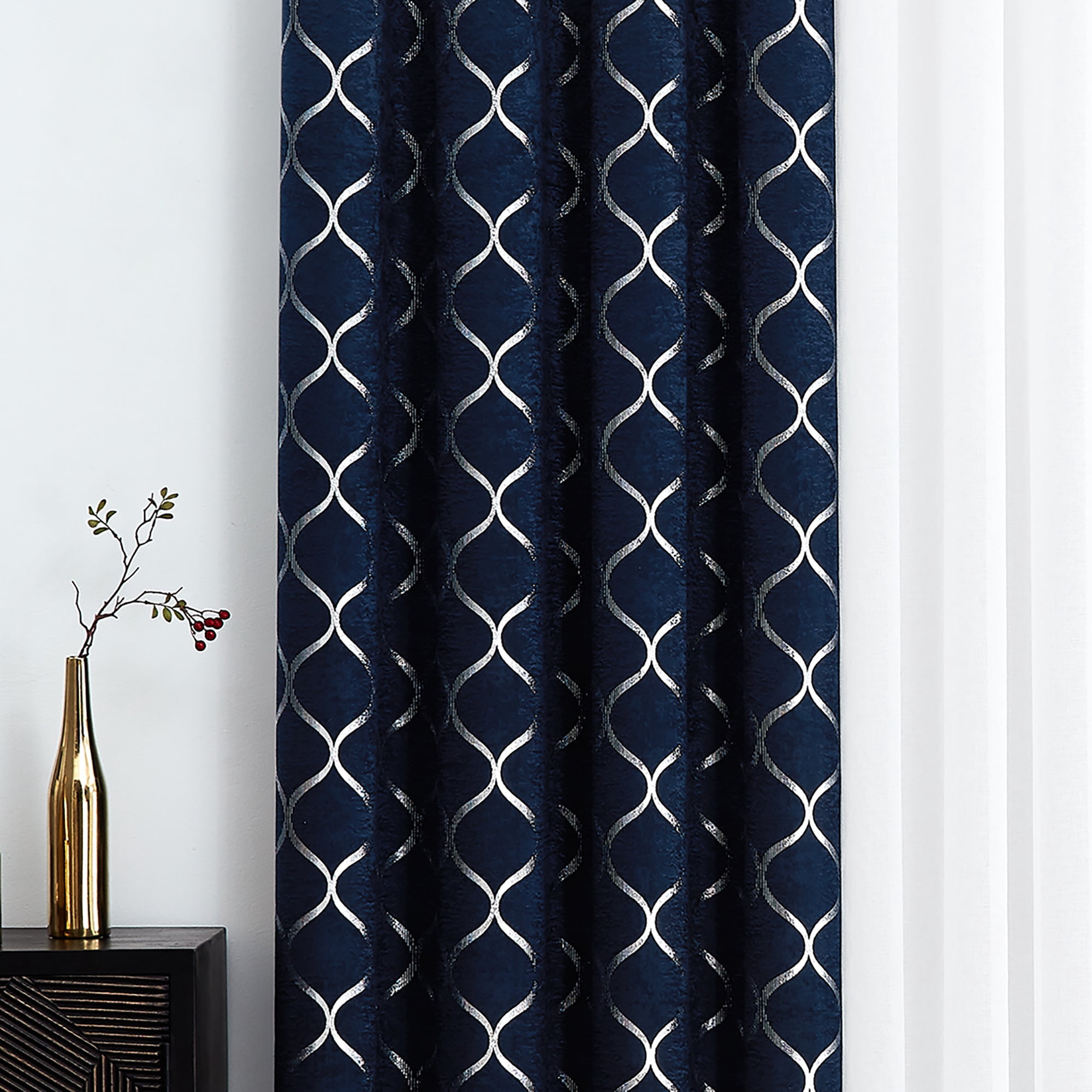 Pinewave Living Room Navy Window Curtains 84 inch 4 Pieces Set Mix and Match Silver Moroccan Blackout and White Sheers ,Grommet Top,52W"x84L"