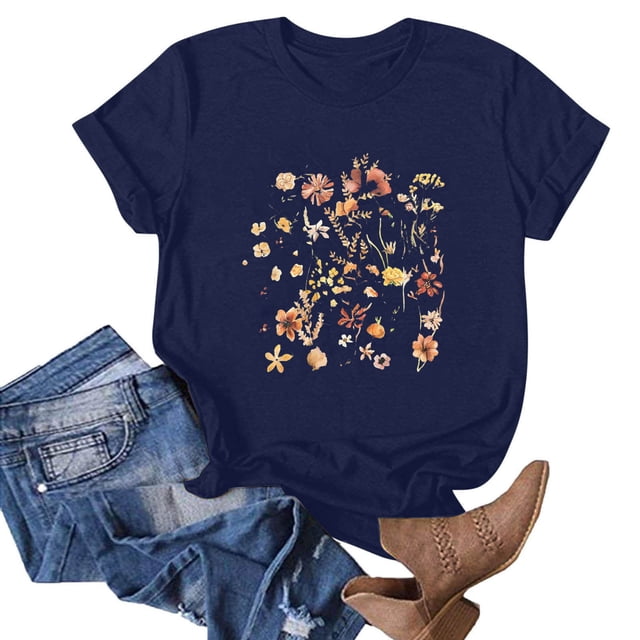 Shorts pour Femmes, Hauts à Manches Courtes pour Femmes, T-Shirt Imprimé à Col Rond Manches Courtes