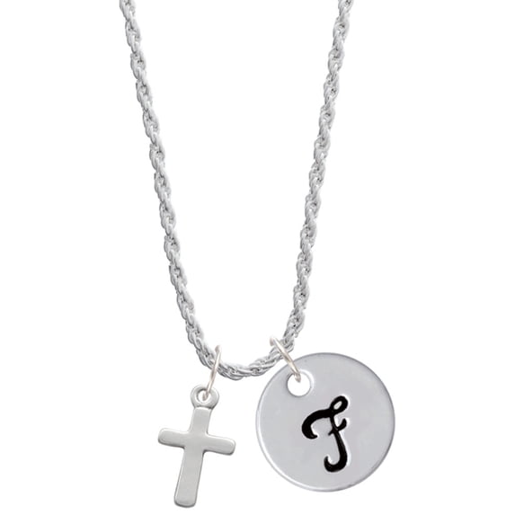 Delight Jewelry Silvertone Simple Plain Small Cross Silvertone Script Initial Disc - F - Charm Necklace, 20"+3"