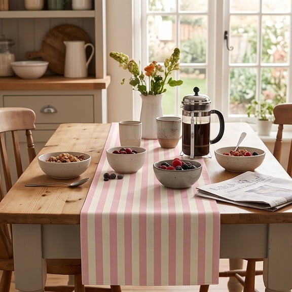 Christmas Stripe Table Runner 13 x 90 Inch, Pink and White Vintage Farmhouse Decoration for Fireplace Kitchen Dining Room Home Party Display, Holiday Table Cover for Spring Celebration