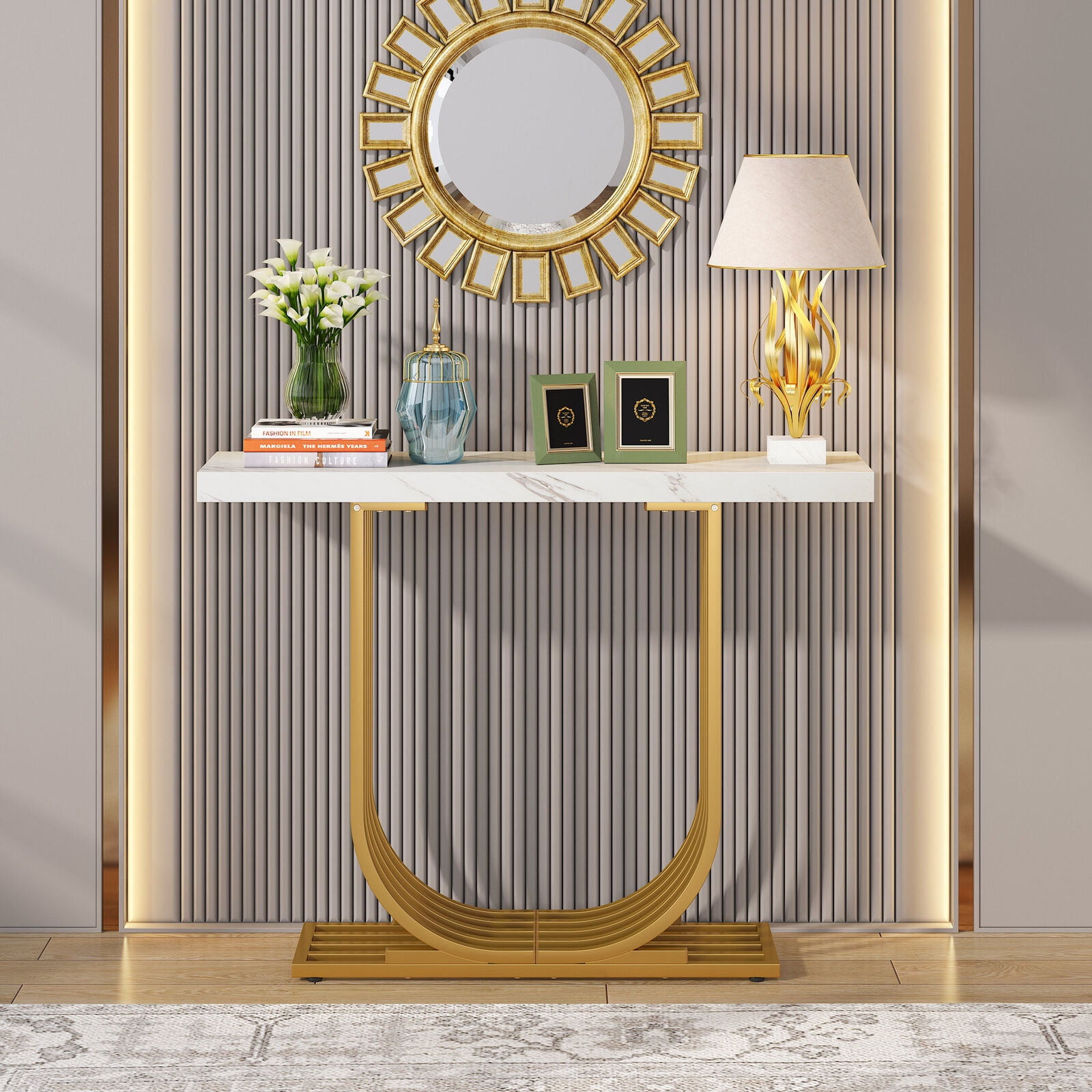 Gold Metallic Peacock Mirror with Gray Console Table - Contemporary -  Entrance/foyer