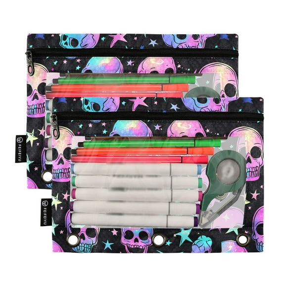 2 Pack Pencil Pouch for 3 Ring Binder Smooth Zipper Folders with Pockets Clear Window Pencil Case Neon Skulls and Stars