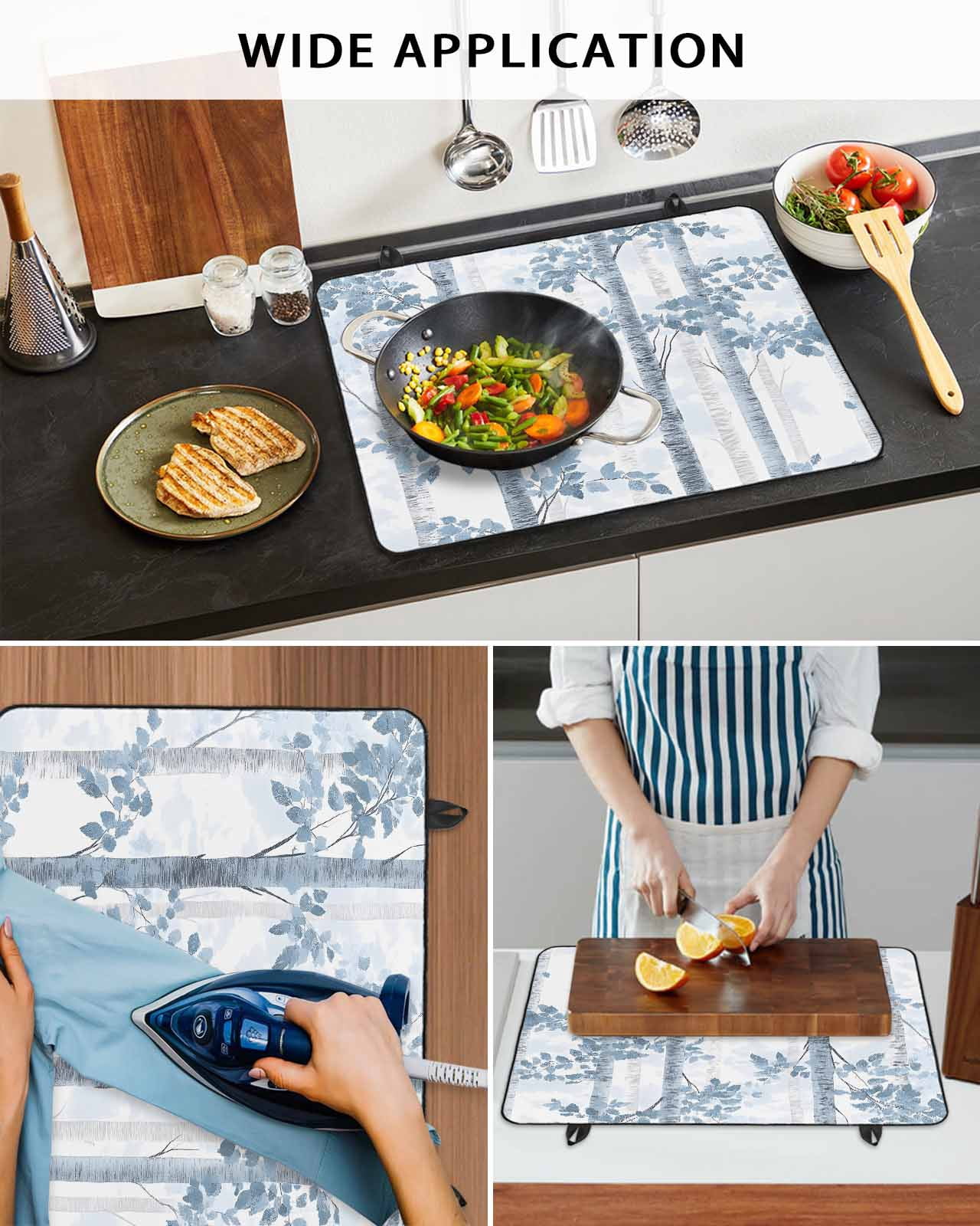 nqOlkjepod Large Induction Cooktop Protector Mat 36"x21", Blue Gray Forest Stove Top Covers for Electric Stove, Watercolor Tree Blue Leaves Decorative Stove Burner Cover Mats, Glass Top Stove Cover
