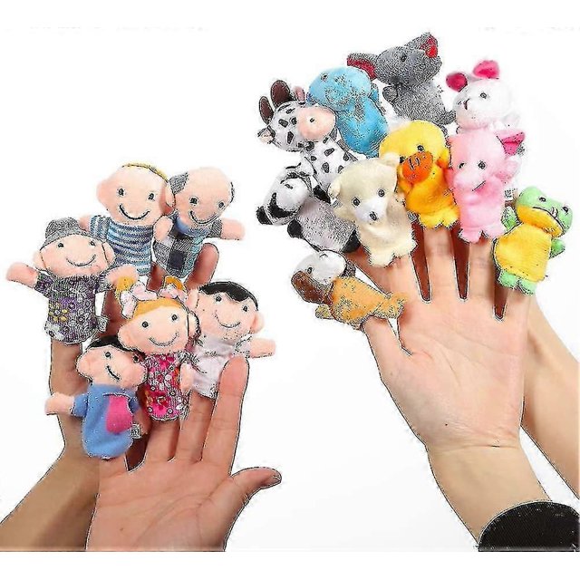 Finger Puppets Set Story Time 16 Pcs - 10 Animals And 6 People Family Members