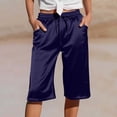 thumbnail image 2 of GEWSEY Women's Silk Satin Capri Pajamas Pants Loungewear Sleep Cropped Pants Elastic Waist Silky Lounge Pj Bottoms with Pocket (Dark Blue, S), 2 of 5