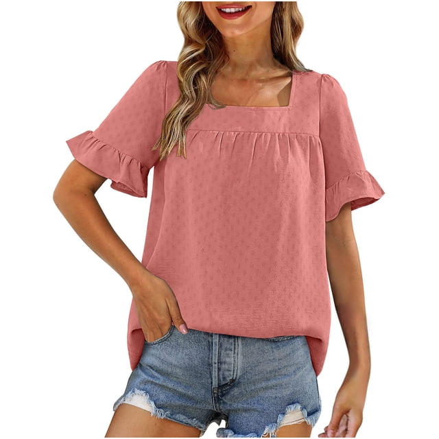 Blusas y blusas para mujer Elegantes camisas de verano con mangas con volantes y cuello cuadrado Blusas con lazo en la espalda OAVQHLG3B Store lin121212