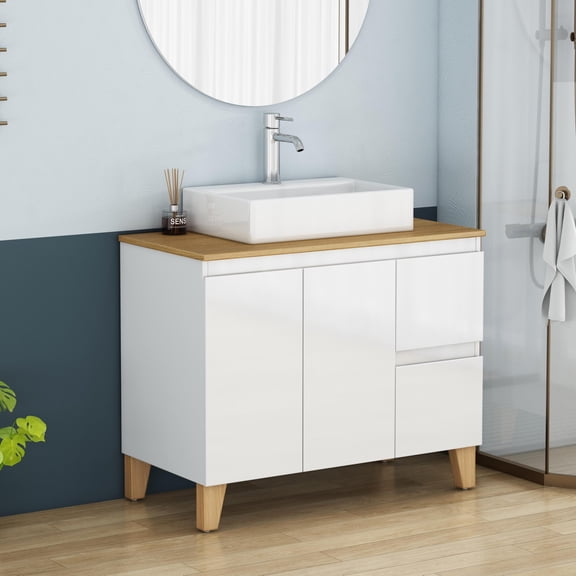 36" Bathroom Vanity with Ceramic Sink Combo, Modern Freestanding Bathroom Cabinet with 2 Drawers and 2 Soft Closing Doors, Square-Shap Basin, Glossy White