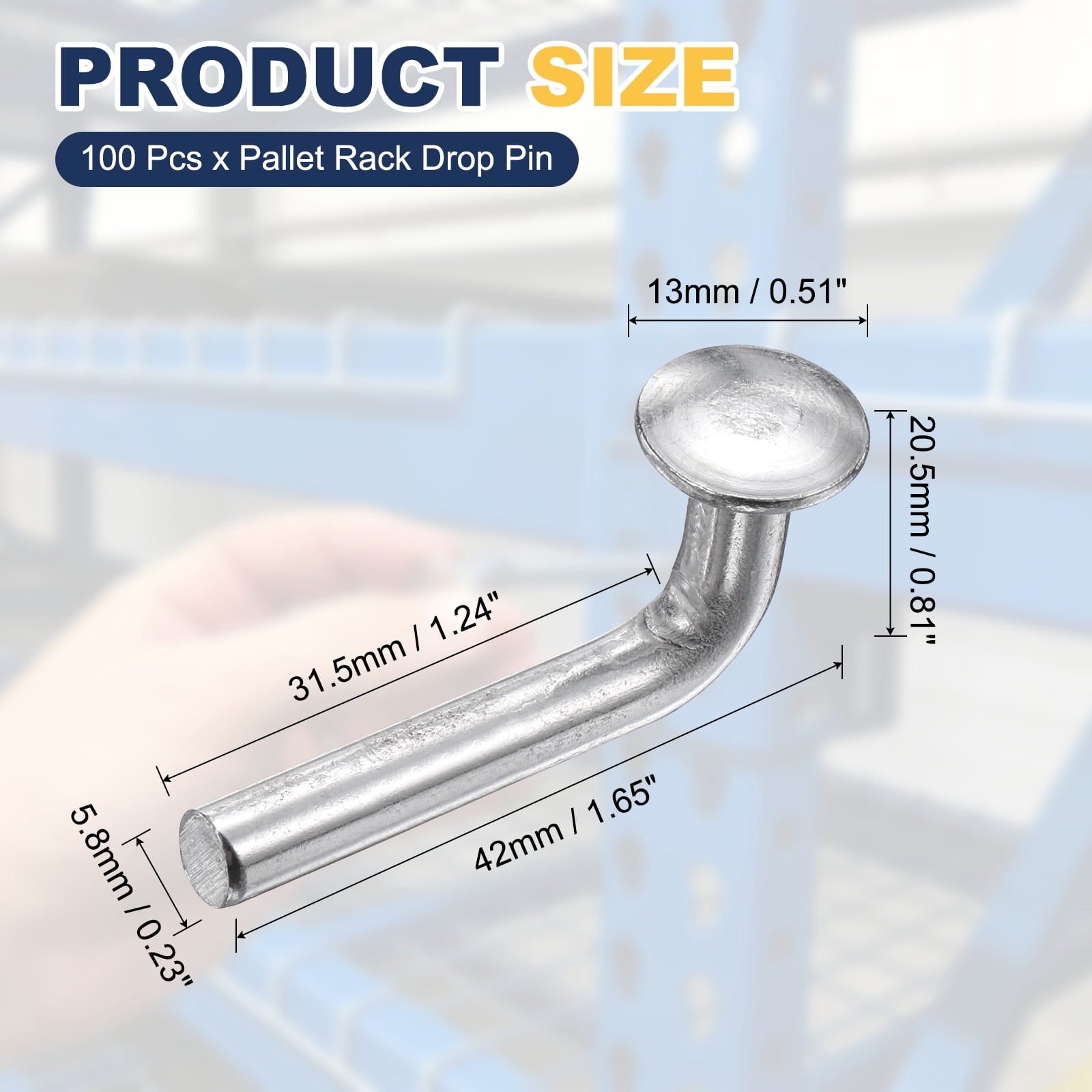 Uxcell 100 Pack Pallet Rack Drop Pin, 1.24 x 0.23 Inch Pallet Rack Safety Bolt Round Head J Bolt Universal Pins for Warehouse Racks and Shelving Units