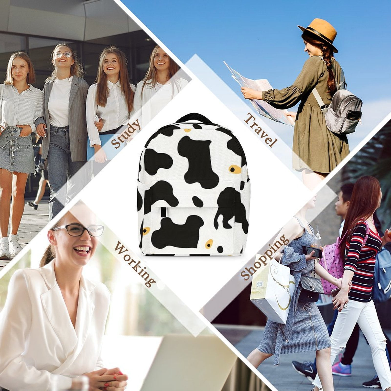 8.1×10in Casual Women'S Backpack With Anti-Contraction And Stretch For Sports Activities Travel Picnics Simple Cow Print Pattern1_4
