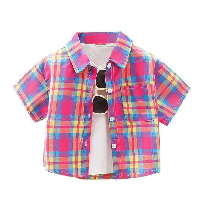PMVFHDE Short Pack Small And Medium Sized Children's Fashion Shirt With Collared Front Checkered Short Sleeves And Button Fastening. Hot Pink,4-5 Years