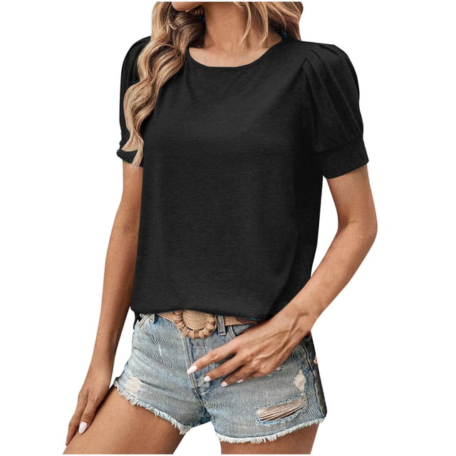 Plebaso Women's 2025 Tops Puff Short Sleeve Crewneck T Shirts Casual Solid Color Summer Spring Blouses