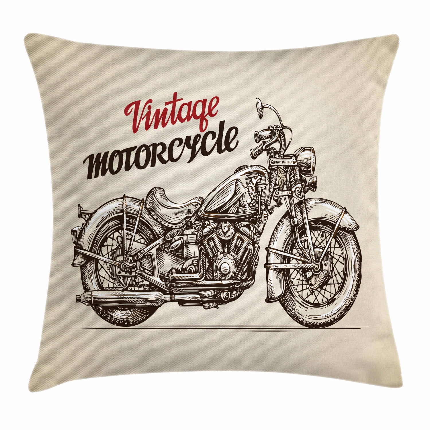 Motorcycle Throw Pillow Cushion Cover, Hand Drawn Chopper Style Bike