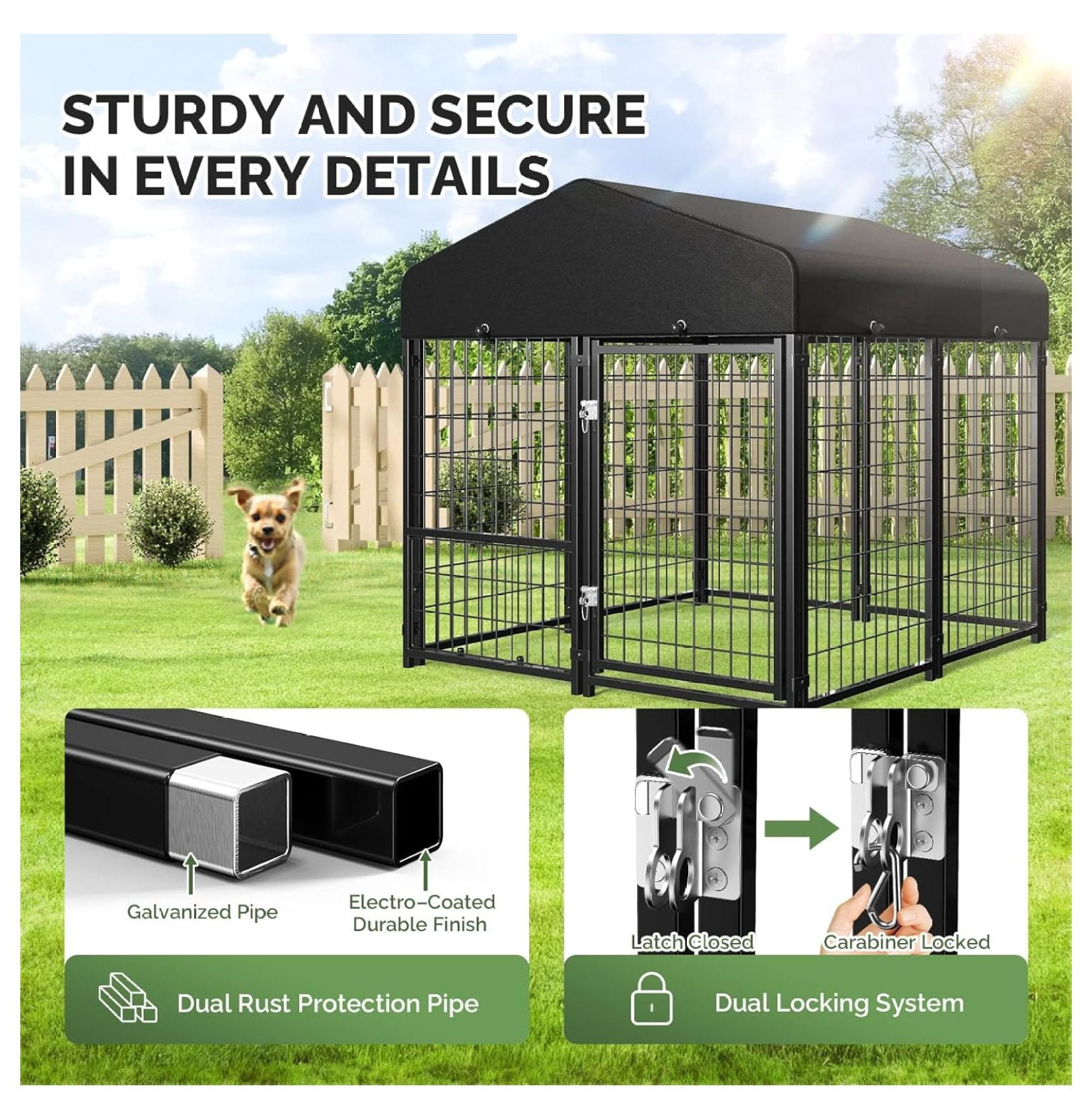 Outdoor Dog Kennel Outside Run with Doggy Door&Waterproof Roof - 4x4x4.6FT Large Dog Kennels Pens Outside for Small/Medium Dogs - Heavy Duty Cage Yard (Can Connect to Your Dog House)