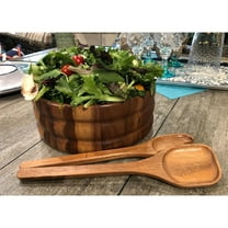 Acacia Wood Salad Bowl Set - 10 Inch Serving Bowl with Servers - Natural Wood Grain Design