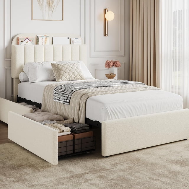 Twin XL Bed Frame with Storage Headboard, Kids Bed Frame with 2 Drawers, Boucle Upholstered Platform Bed with Bookcase, No Box Spring Needed, Easy Assembly, Ivory White