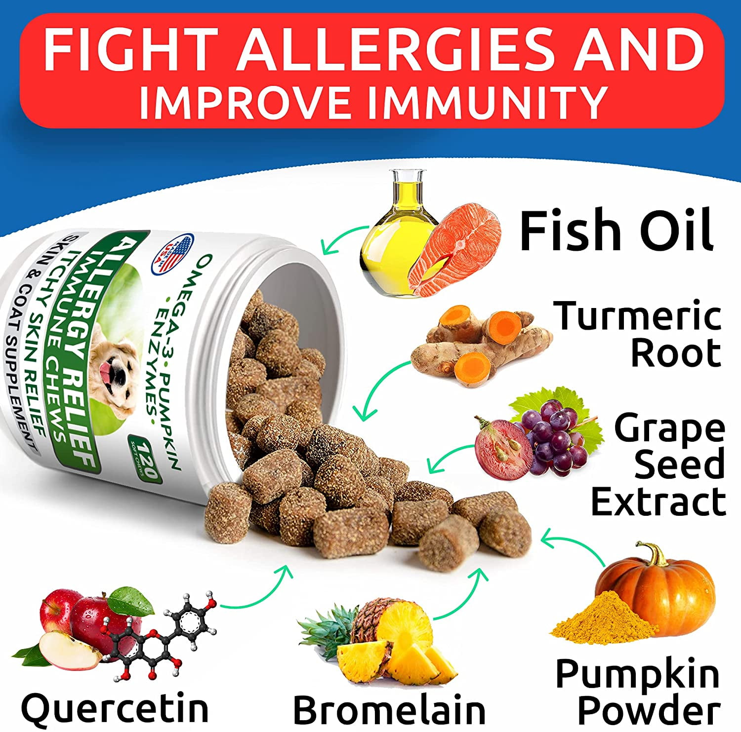 BARK&SPARK Dog Allergy Relief Chews - Anti-Itch Skin & Coat Supplement - Omega 3 Fish Oil - Itchy Skin Relief Treatment Pills - Itching&Paw Licking - Dry Skin&Hot Spots - (120 ct - Chicken)