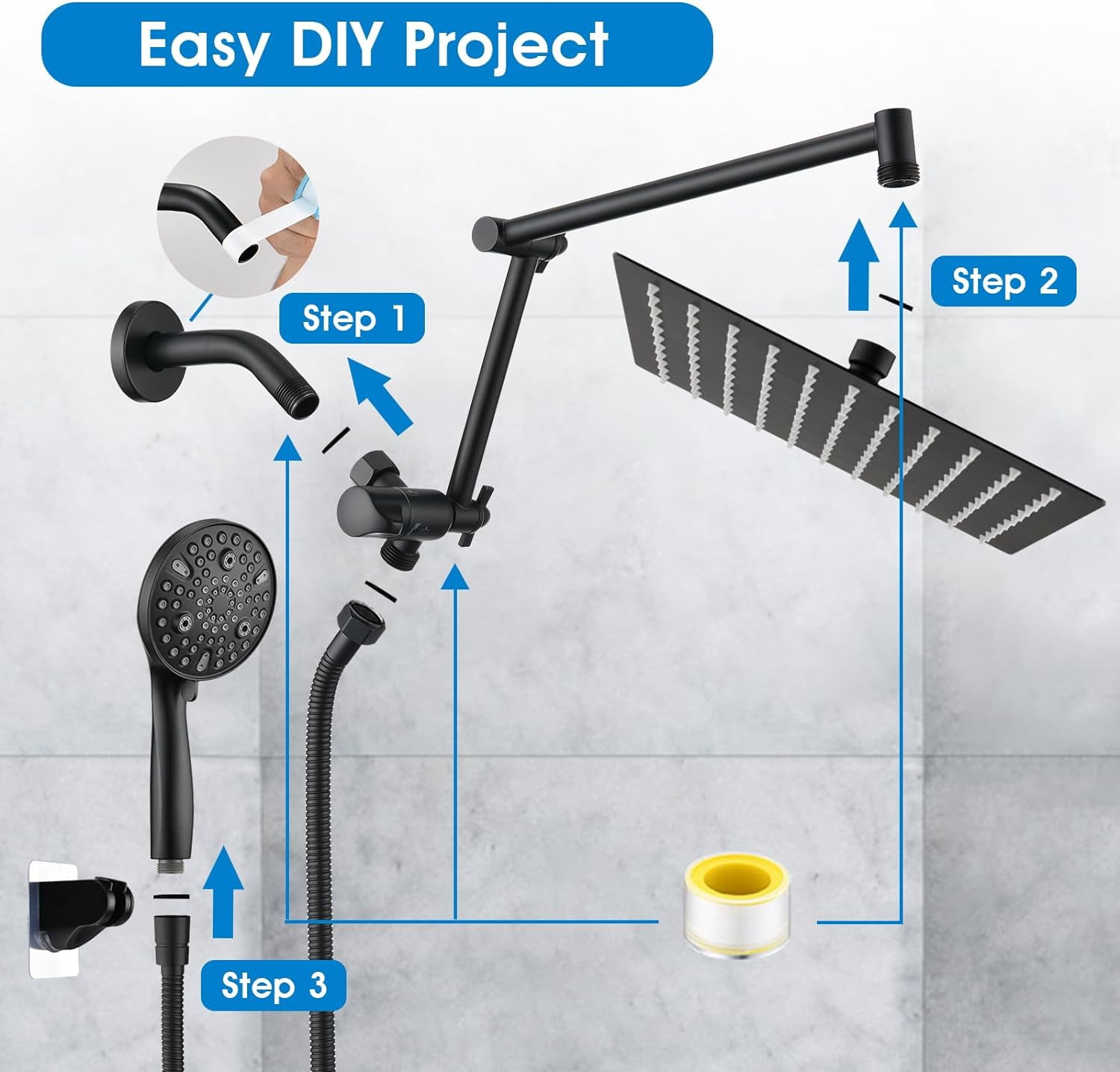 10" Rainfall Shower Head with Handheld Spray, Dual Rain Showerhead with High Pressure 10-Setting Wand Combo, 16" Adjustable Extension Arm Build-in 3-way Diverter, 6ft Hose - Matte Black